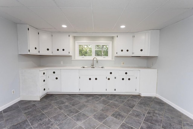 38 Williams Rd, Smithfield, RI 02917 - kitchen with a sink, baseboards, white cabinetry, light countertops, and recessed lighting