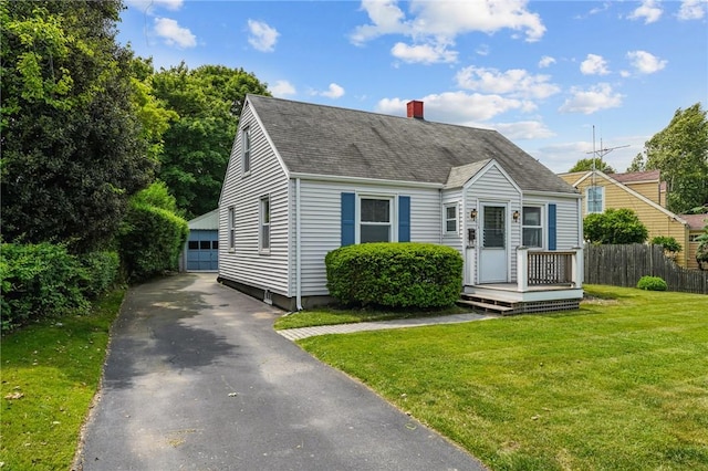 16 King Rd, Middletown, RI 02842 - cape cod-style house featuring a chimney, roof with shingles, an outdoor structure, and a detached garage