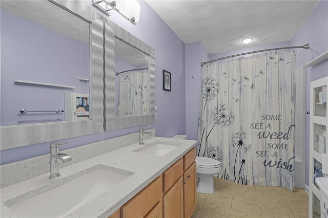 510 Westmoreland Ln, North Kingstown, RI 02874 - full bathroom featuring tile patterned flooring, double vanity, toilet, and a shower with shower curtain