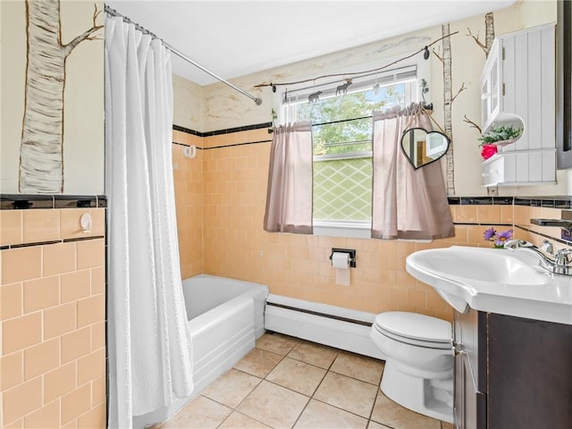 860 Centerville Rd, Warwick, RI 02886 - bathroom featuring a baseboard heating unit, tile walls, tile patterned flooring, toilet, and shower / bath combination with curtain