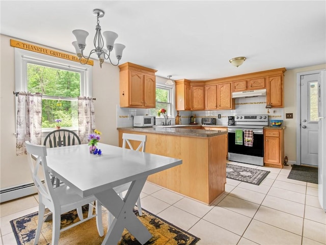 860 Centerville Rd, Warwick, RI 02886 - kitchen featuring stainless steel range with electric stovetop, white microwave, under cabinet range hood, a sink, and a chandelier