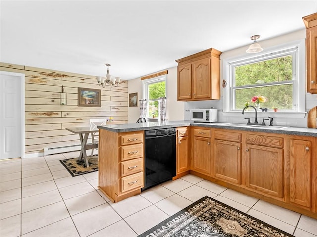 860 Centerville Rd, Warwick, RI 02886 - kitchen with black dishwasher, white microwave, a sink, a chandelier, and a peninsula