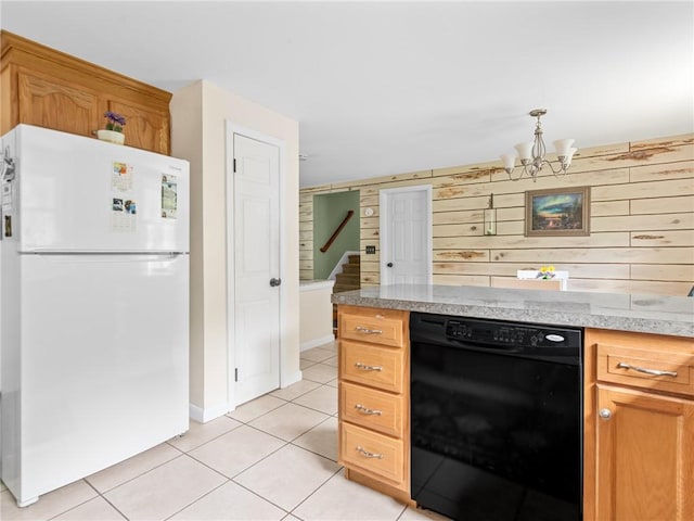 860 Centerville Rd, Warwick, RI 02886 - kitchen featuring freestanding refrigerator, black dishwasher, wooden walls, light tile patterned flooring, and a chandelier