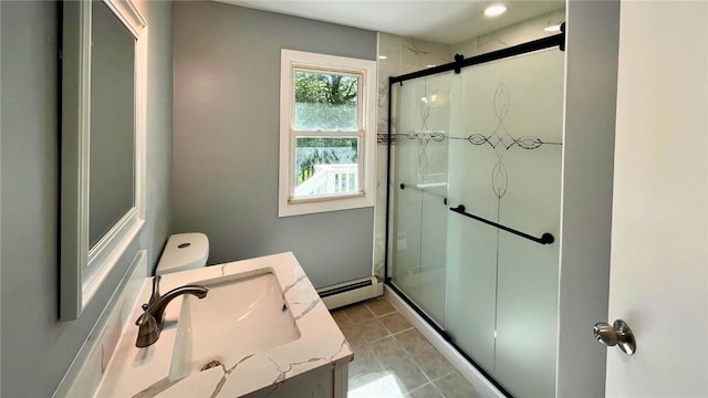 106 Leigh Rd, Cumberland, RI 02864 - full bathroom with a shower stall, vanity, toilet, and baseboard heating