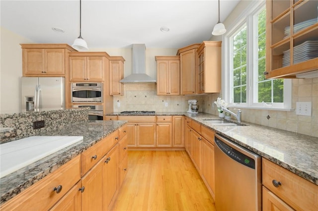 43 Kayla Ricci Way, Exeter, RI 02874 - kitchen featuring appliances with stainless steel finishes, wall chimney exhaust hood, a sink, light wood finished floors, and glass insert cabinets