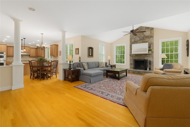 43 Kayla Ricci Way, Exeter, RI 02874 - living area featuring ornate columns, light wood-style flooring, ceiling fan, vaulted ceiling, and recessed lighting