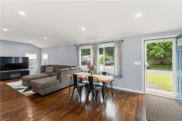 149 Weeden Dr, Warwick, RI 02818 - dining space featuring dark wood-style flooring, recessed lighting, lofted ceiling, and baseboards
