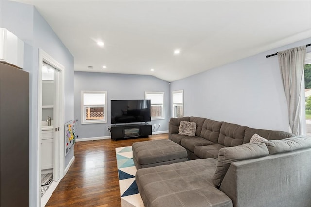 149 Weeden Dr, Warwick, RI 02818 - living room featuring dark wood-style floors, baseboards, recessed lighting, and vaulted ceiling