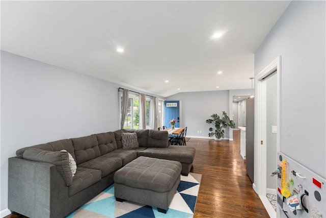 149 Weeden Dr, Warwick, RI 02818 - living area featuring lofted ceiling, dark wood finished floors, recessed lighting, and baseboards