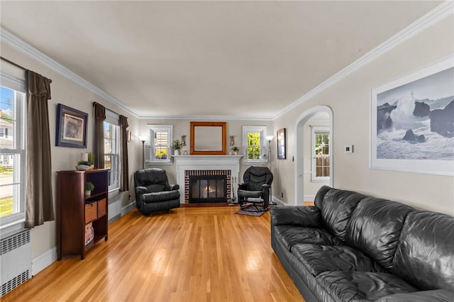 44 Felsmere Ave, Pawtucket, RI 02861 - living area featuring radiator heating unit, light wood-style flooring, a brick fireplace, ornamental molding, and plenty of natural light