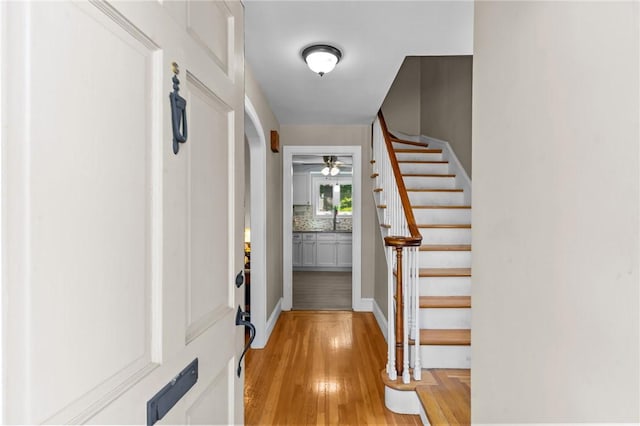 44 Felsmere Ave, Pawtucket, RI 02861 - foyer featuring light wood finished floors, stairway, and ceiling fan