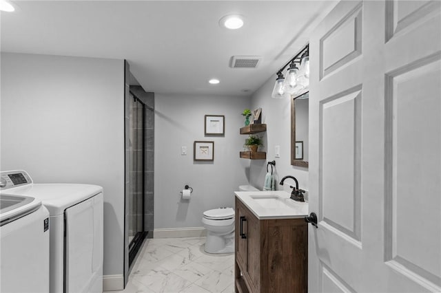 299 Buttonwoods Ave, Warwick, RI 02886 - full bath with washer and dryer, vanity, toilet, marble look tiles, and a shower stall
