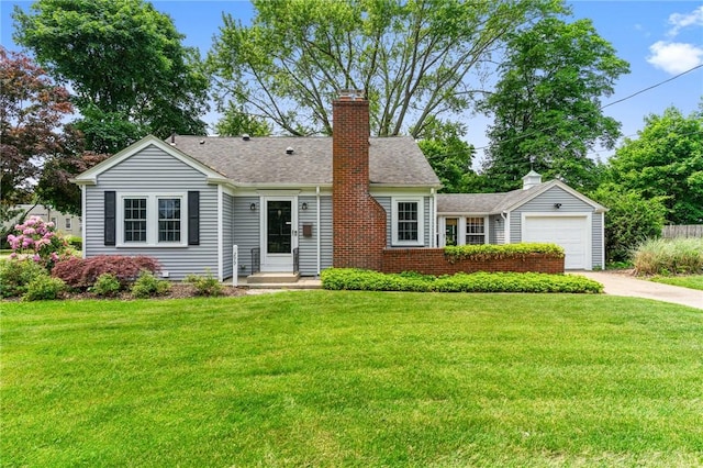 299 Buttonwoods Ave, Warwick, RI 02886 - ranch-style house featuring concrete driveway, an attached garage, a chimney, and a front lawn