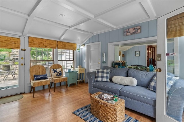 299 Buttonwoods Ave, Warwick, RI 02886 - living room featuring wood finished floors, coffered ceiling, and beam ceiling
