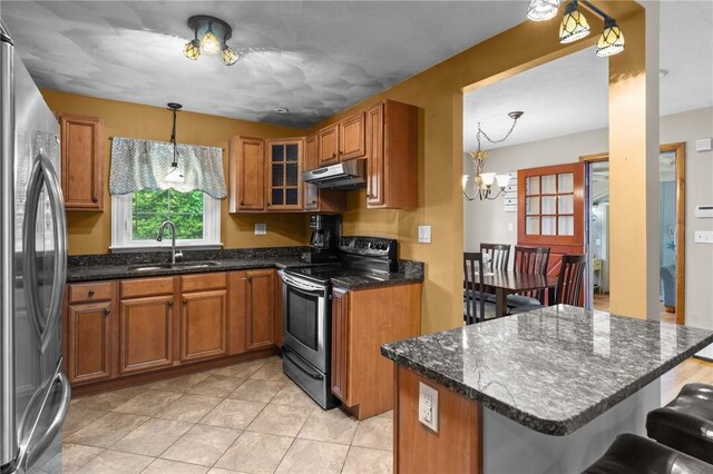 299 Buttonwoods Ave, Warwick, RI 02886 - kitchen featuring appliances with stainless steel finishes, a sink, under cabinet range hood, brown cabinets, and a kitchen bar