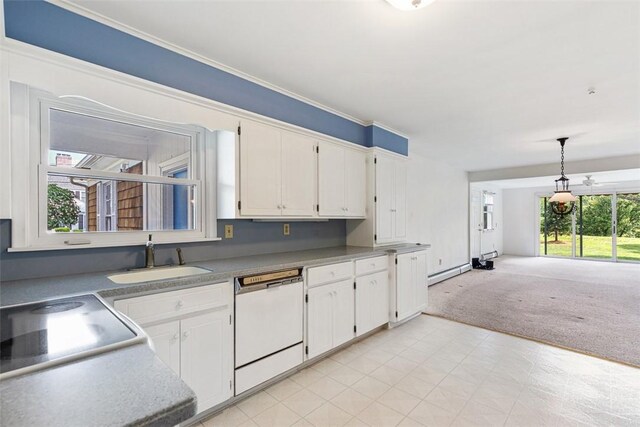 37 Beaumont St, East Providence, RI 02916 - kitchen featuring a sink, white dishwasher, light colored carpet, white cabinets, and decorative light fixtures