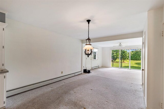 37 Beaumont St, East Providence, RI 02916 - unfurnished living room with a baseboard radiator, light colored carpet, and ceiling fan