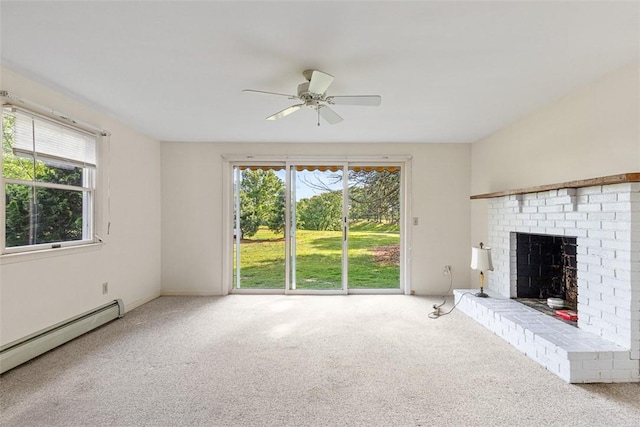 37 Beaumont St, East Providence, RI 02916 - unfurnished living room featuring a baseboard heating unit, healthy amount of natural light, carpet flooring, and a ceiling fan