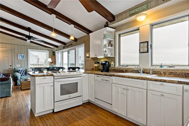 263 Prospect Rd, South Kingstown, RI 02879 - kitchen featuring white appliances, a sink, ceiling fan, a peninsula, and white cabinetry