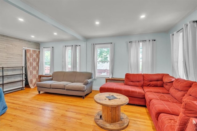 15 Boyd Ave, East Providence, RI 02914 - living room with light wood-style floors, recessed lighting, baseboards, and beam ceiling