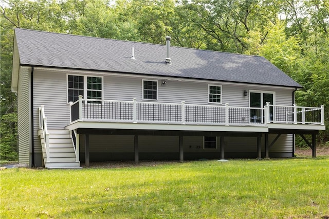 128 Old Quarry Rd, Glocester, RI 02857 - rear view of property featuring a wooden deck, a shingled roof, a yard, and stairway