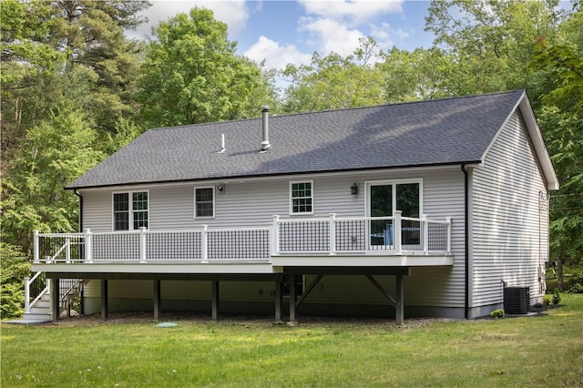 128 Old Quarry Rd, Glocester, RI 02857 - back of house with a deck, a yard, cooling unit, and roof with shingles