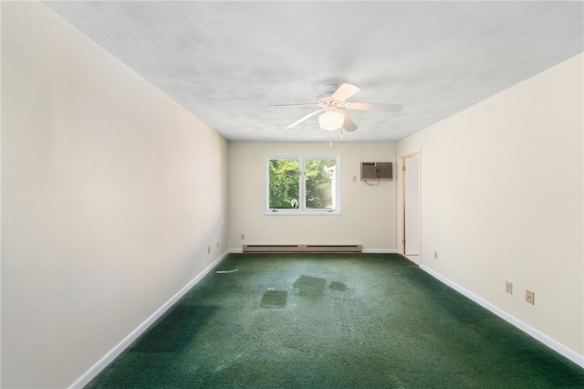 500 E Greenwich Ave Unit 108, West Warwick, RI 02893 - empty room with baseboard heating, a wall unit AC, carpet flooring, baseboards, and ceiling fan