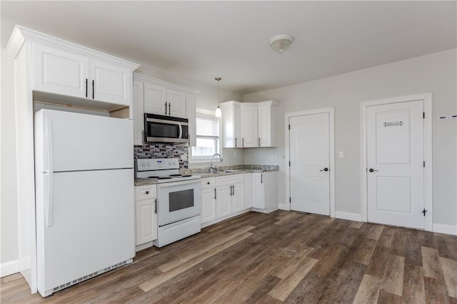 214 Silver Spring St, Providence, RI 02904 - kitchen with white appliances, dark wood-style flooring, white cabinetry, a sink, and baseboards