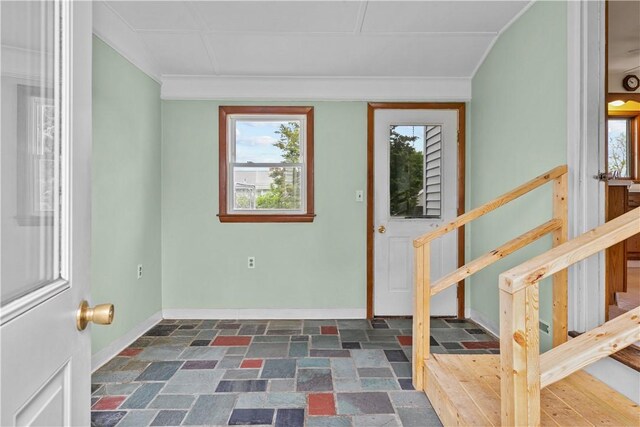 174 Russell Dr, Tiverton, RI 02878 - entryway featuring stairs, crown molding, and dark stone finish flooring