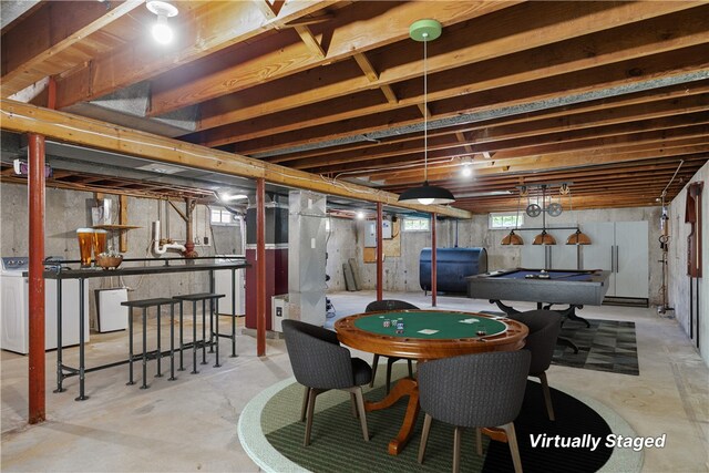 174 Russell Dr, Tiverton, RI 02878 - basement with washer / dryer, freestanding refrigerator, heating fuel, and billiards