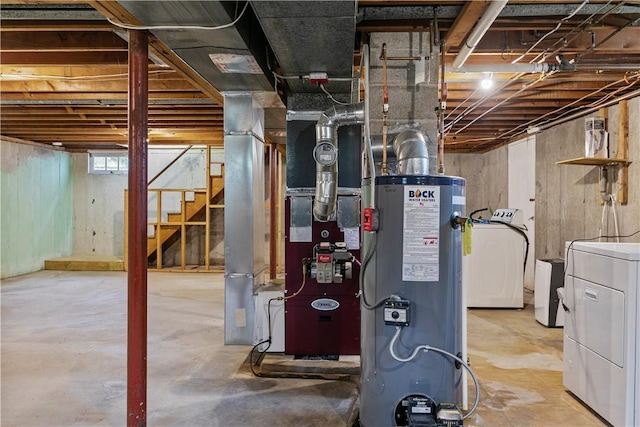 174 Russell Dr, Tiverton, RI 02878 - basement featuring washer / clothes dryer, gas water heater, and stairs
