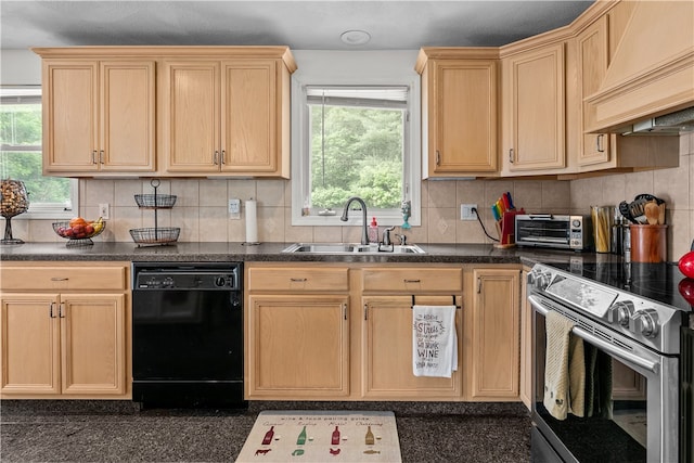 386 Mishnock Rd, West Greenwich, RI 02817 - kitchen with dishwasher, stainless steel electric range, a sink, custom range hood, and backsplash