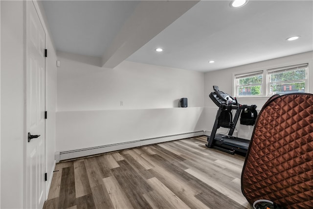 386 Mishnock Rd, West Greenwich, RI 02817 - workout area with recessed lighting, wood finished floors, and baseboard heating