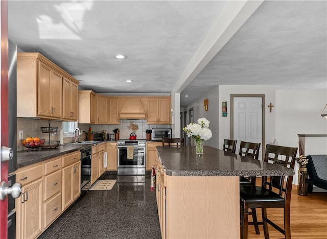 386 Mishnock Rd, West Greenwich, RI 02817 - kitchen featuring stainless steel appliances, light brown cabinetry, custom range hood, and recessed lighting
