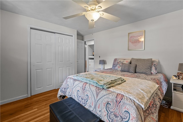 386 Mishnock Rd, West Greenwich, RI 02817 - bedroom featuring wood finished floors, a closet, a ceiling fan, and baseboards