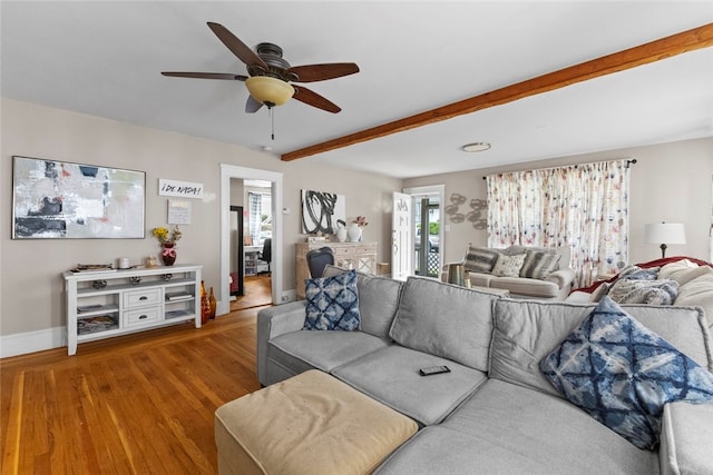 20 Cold Spring Pl, Woonsocket, RI 02895 - living area with a ceiling fan, beam ceiling, wood finished floors, and baseboards
