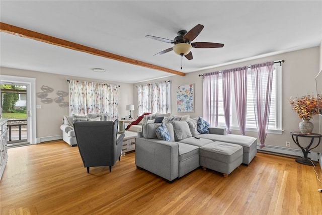 20 Cold Spring Pl, Woonsocket, RI 02895 - living area with ceiling fan, beamed ceiling, light wood-style floors, and a baseboard heating unit