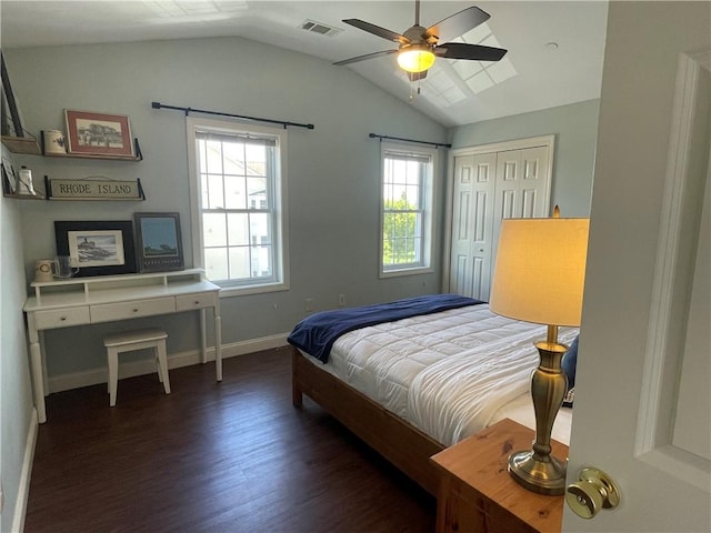 60 Saw Mill Dr Unit 303, North Kingstown, RI 02852 - bedroom featuring wood finished floors, lofted ceiling, baseboards, a closet, and a ceiling fan