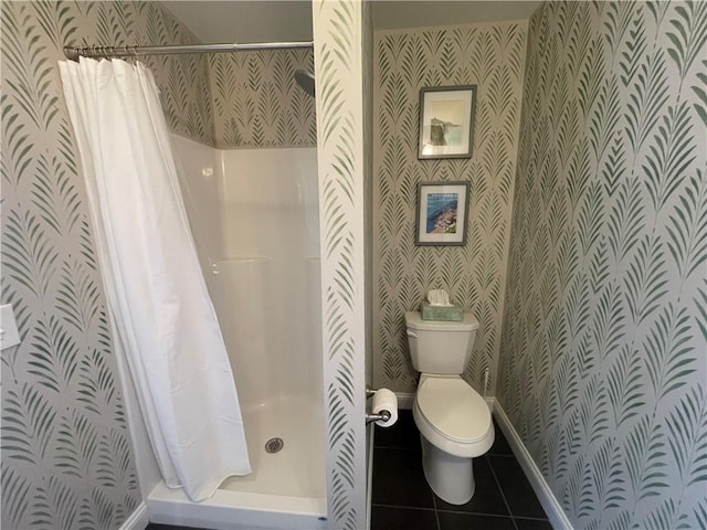60 Saw Mill Dr Unit 303, North Kingstown, RI 02852 - bathroom featuring wallpapered walls, toilet, tile patterned flooring, a stall shower, and baseboards