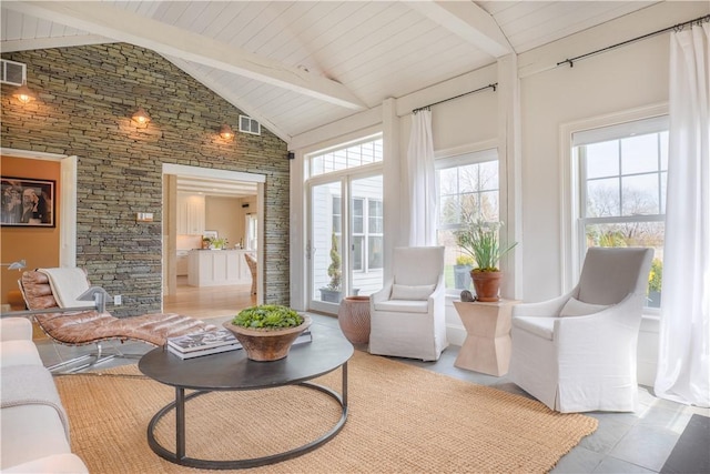 62 James Ct, Portsmouth, RI 02871 - living room with healthy amount of natural light, high vaulted ceiling, tile patterned floors, and a wooden ceiling with exposed beams