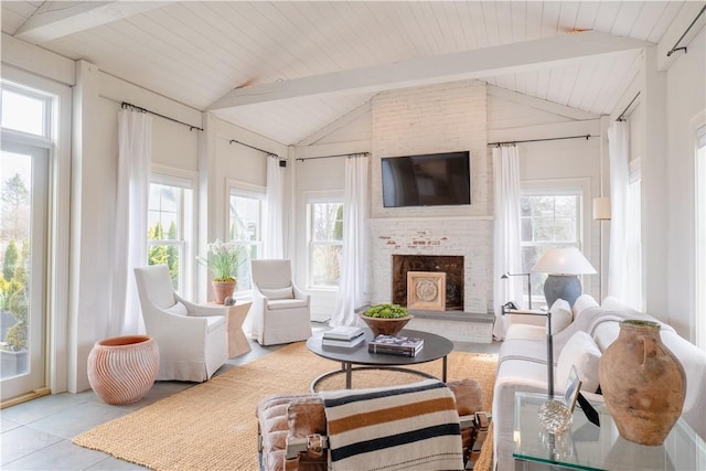 62 James Ct, Portsmouth, RI 02871 - tiled living room featuring healthy amount of natural light, a brick fireplace, and wooden ceiling
