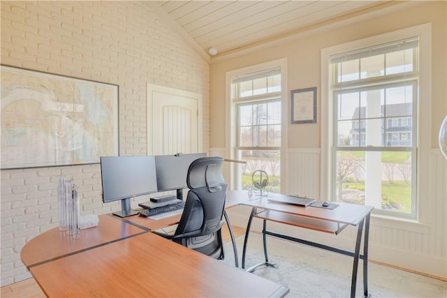 62 James Ct, Portsmouth, RI 02871 - office space with lofted ceiling, plenty of natural light, brick wall, wainscoting, and wooden ceiling