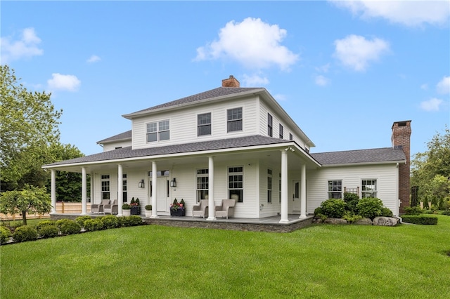 62 James Ct, Portsmouth, RI 02871 - country-style home featuring a chimney, a front lawn, roof with shingles, and a porch