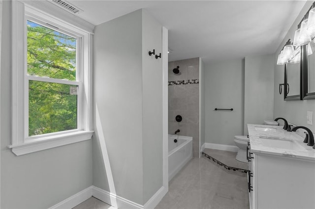 529 Rocky Hill Rd, Scituate, RI 02857 - bathroom featuring baseboards, toilet, double vanity, washtub / shower combination, and healthy amount of natural light