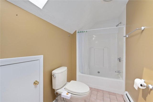 30 Walden Way S, Kingstown, RI 02879 - bathroom featuring lofted ceiling, shower / tub combo with curtain, toilet, a baseboard heating unit, and tile patterned flooring