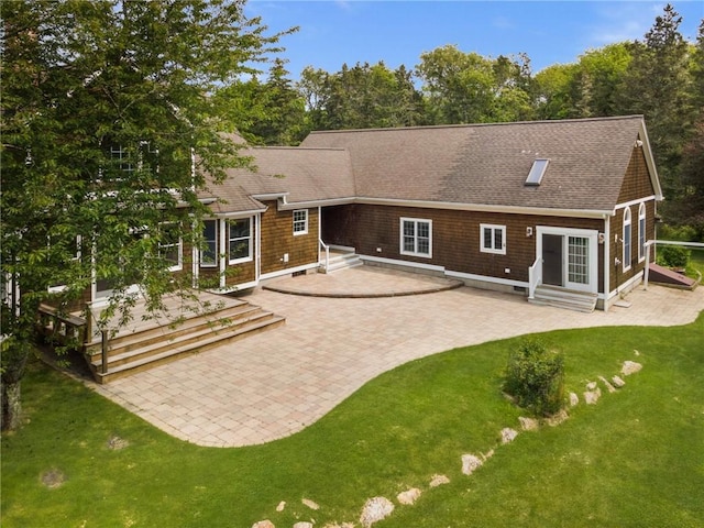 30 Walden Way S, Kingstown, RI 02879 - back of house featuring entry steps, a patio area, a yard, and roof with shingles
