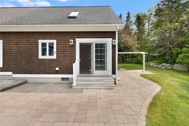 30 Walden Way S, Kingstown, RI 02879 - back of house with entry steps, roof with shingles, a patio, and a lawn