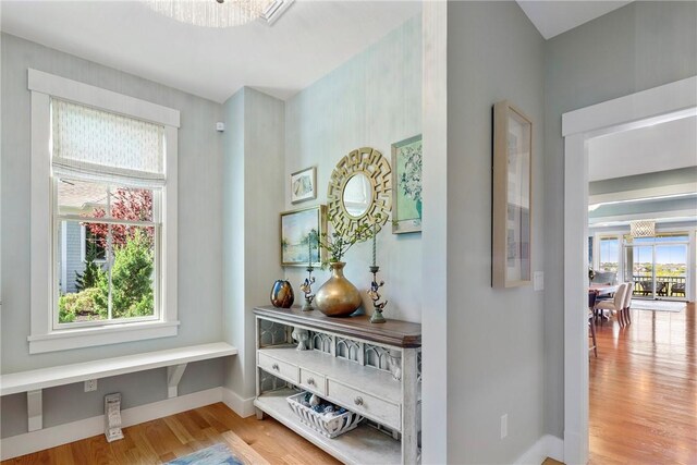 171 Leeshore Ln, Tiverton, RI 02878 - corridor with wood finished floors, baseboards, and a chandelier