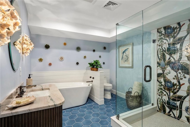 171 Leeshore Ln, Tiverton, RI 02878 - bathroom featuring vanity, a freestanding bath, a shower stall, and tile patterned flooring