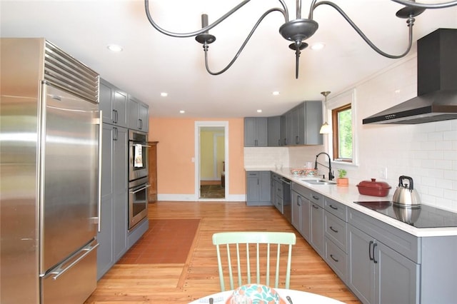 259 Green Hill Beach Rd, South Kingstown, RI 02879 - kitchen with stainless steel appliances, gray cabinets, wall chimney range hood, a sink, and light countertops